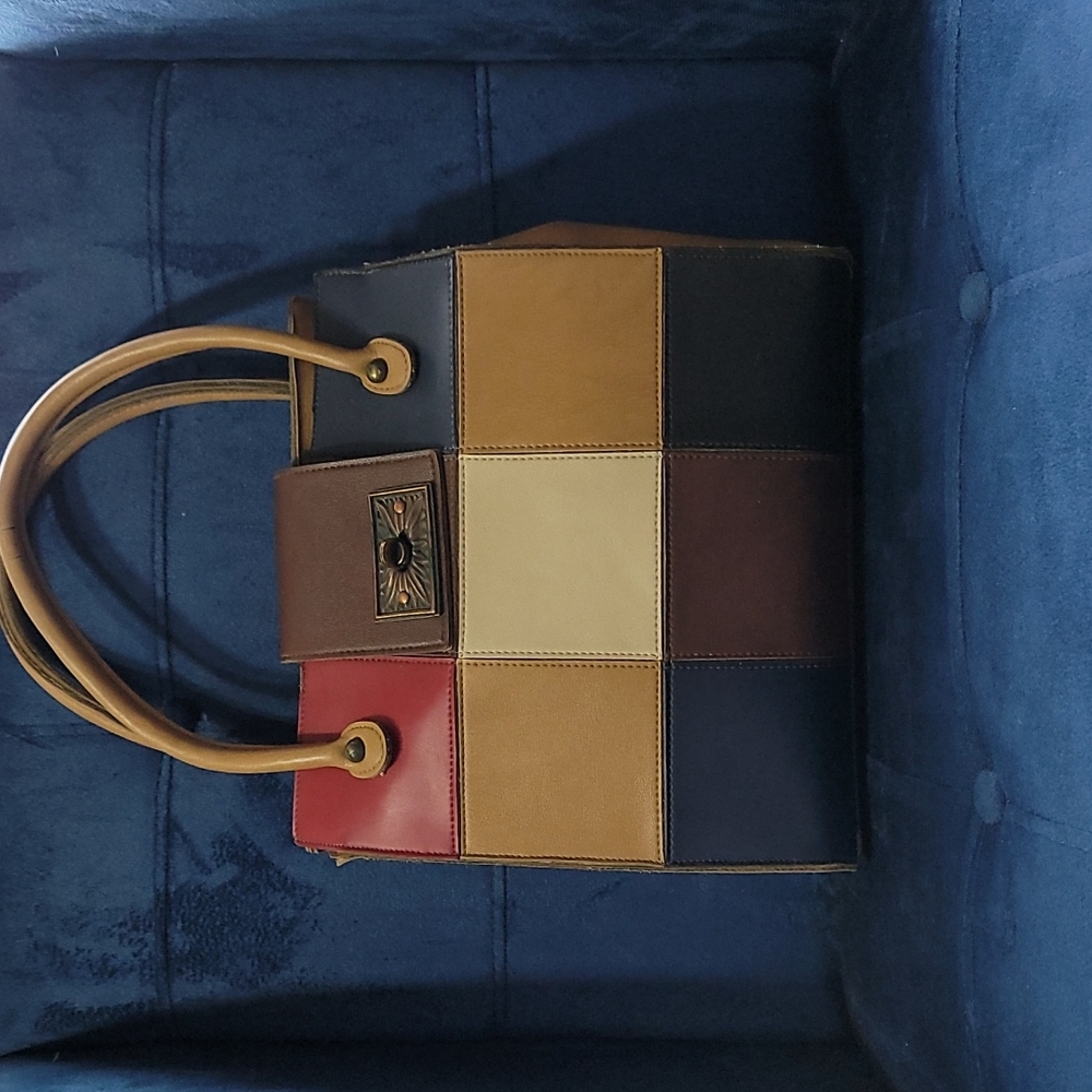COPY - Vintage 60's style purse checked pattern faux leather turn lock style cl…